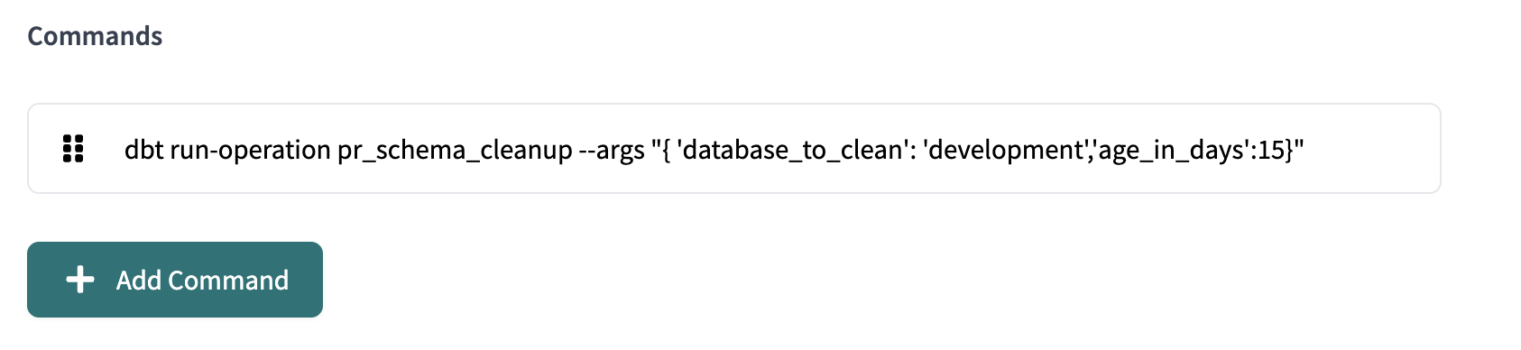 dbt Cloud job showing the run operation command for the cleanup macro